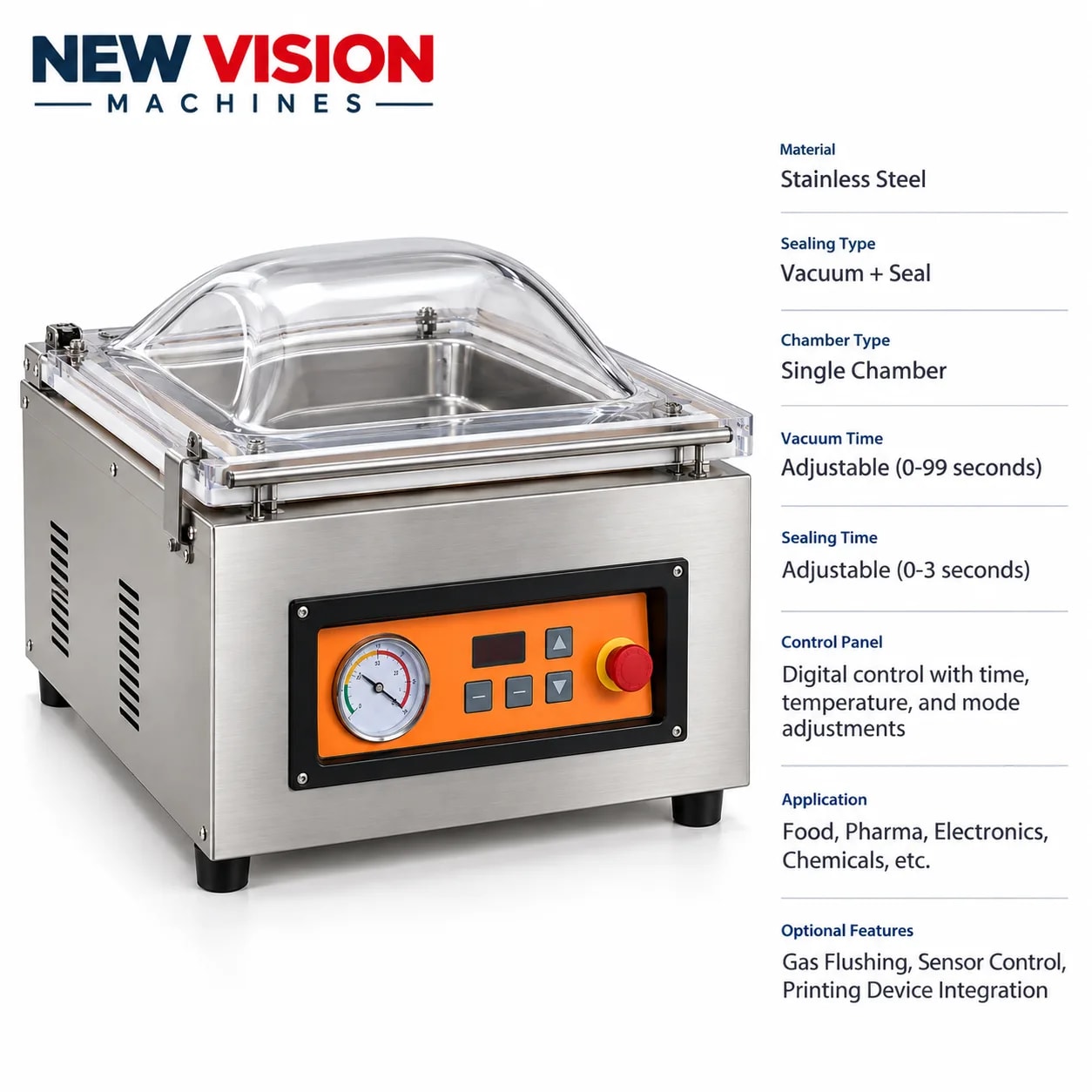 New Vision Machines Automatic Stainless Steel Vacuum Sealer Packing Machine — precision nozzles, filling heads & mechanical assembly
