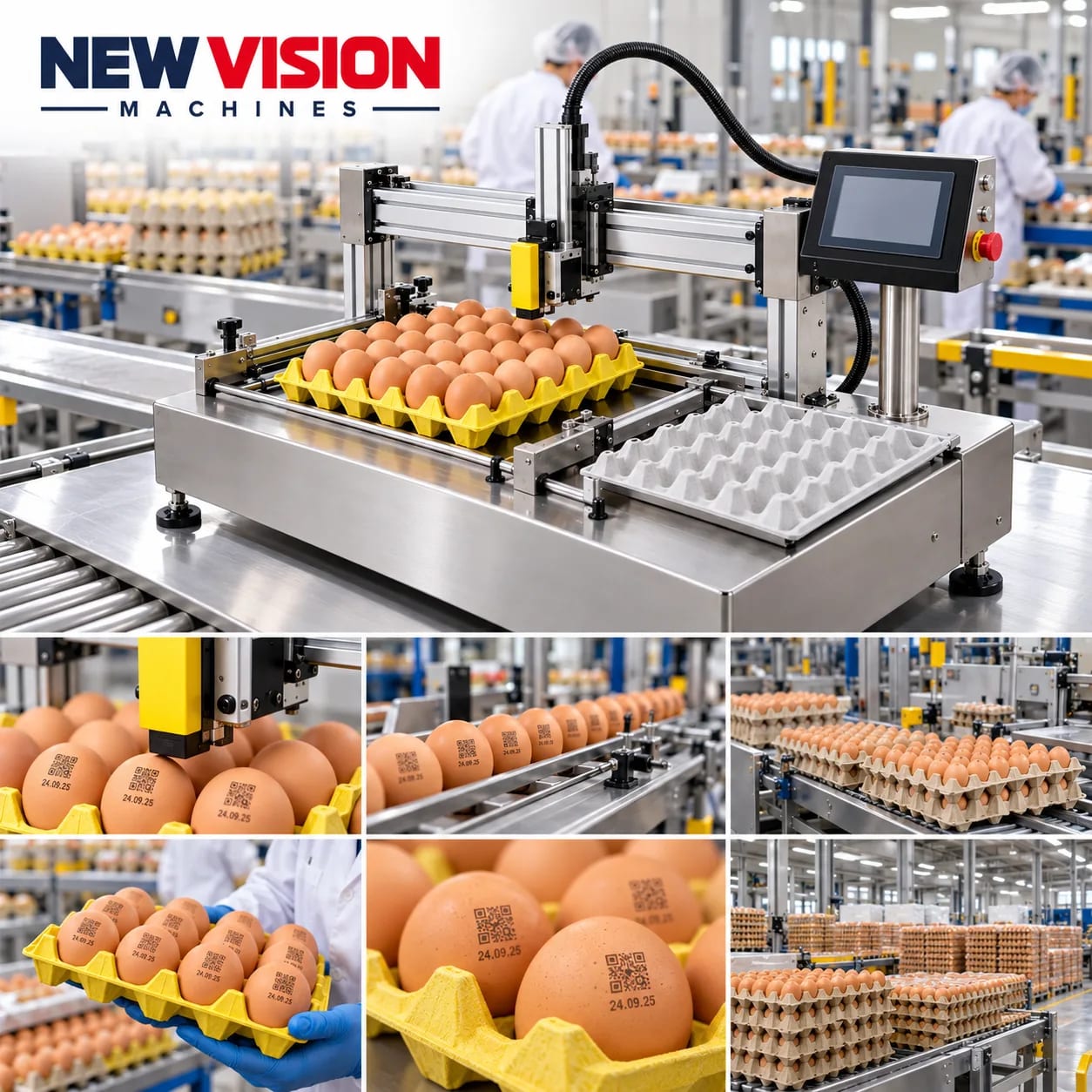 New Vision Machines Automatic Date Stamp Egg Printing Machine — heavy-duty SS 304 food-grade construction & conveyor setup
