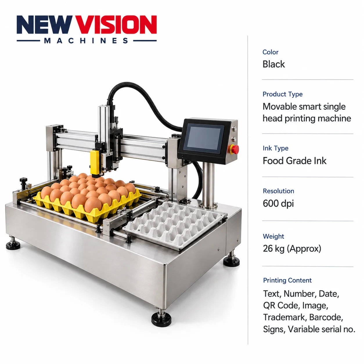 New Vision Machines Automatic Date Stamp Egg Printing Machine — precision nozzles, filling heads & mechanical assembly