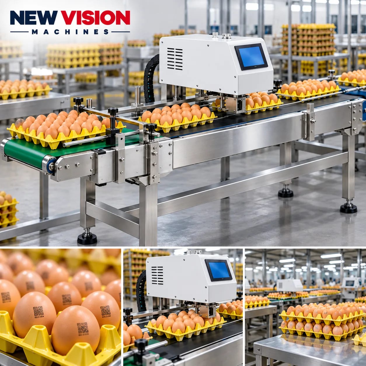 New Vision Machines Automatic Six Nozzle Online Egg Product Inkjet Printer — heavy-duty SS 304 food-grade construction & conveyor setup