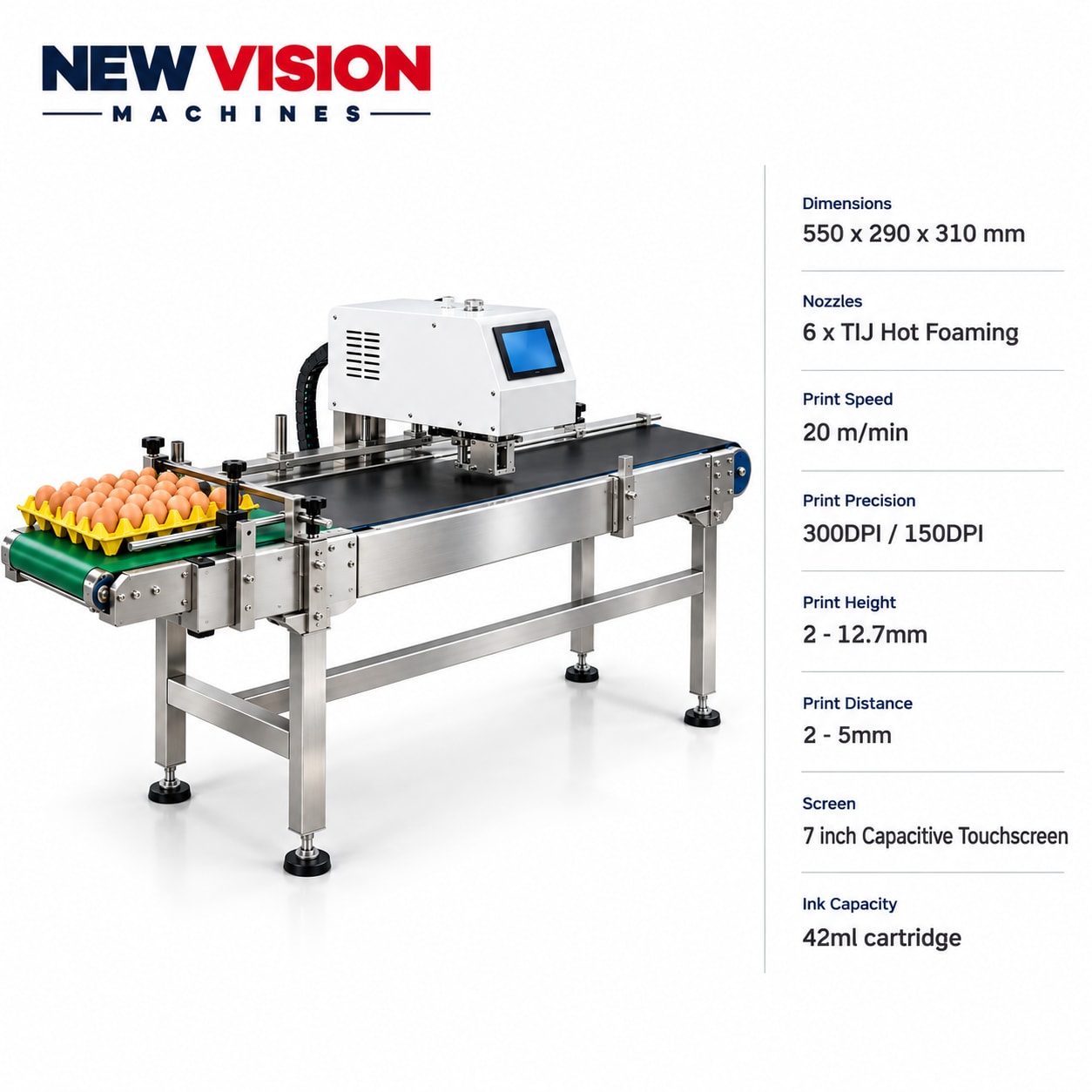 New Vision Machines Automatic Six Nozzle Online Egg Product Inkjet Printer — precision nozzles, filling heads & mechanical assembly