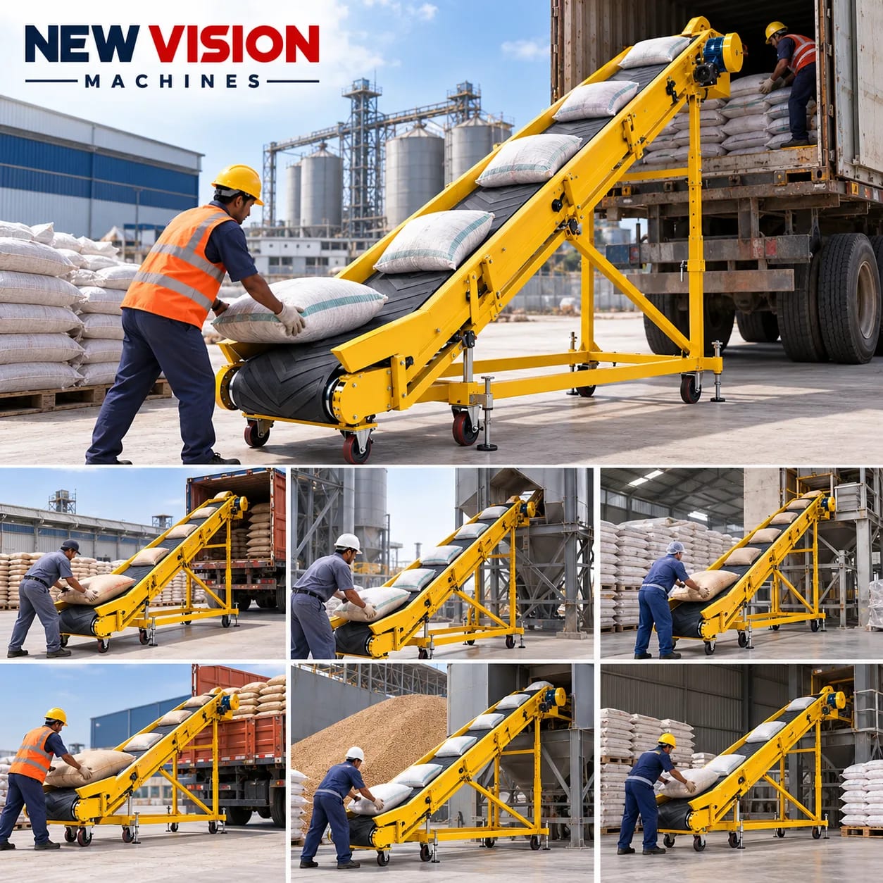 New Vision Machines Bag Loading Conveyor — heavy-duty SS 304 food-grade construction & conveyor setup