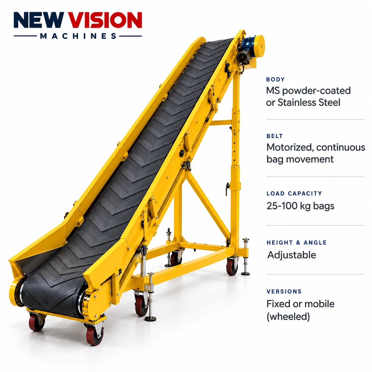 New Vision Machines Bag Loading Conveyor — precision nozzles, filling heads & mechanical assembly