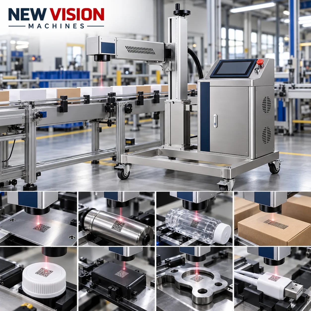 New Vision Machines Co2 Laser Marking Machine 60W-10.6um — heavy-duty SS 304 food-grade construction & conveyor setup