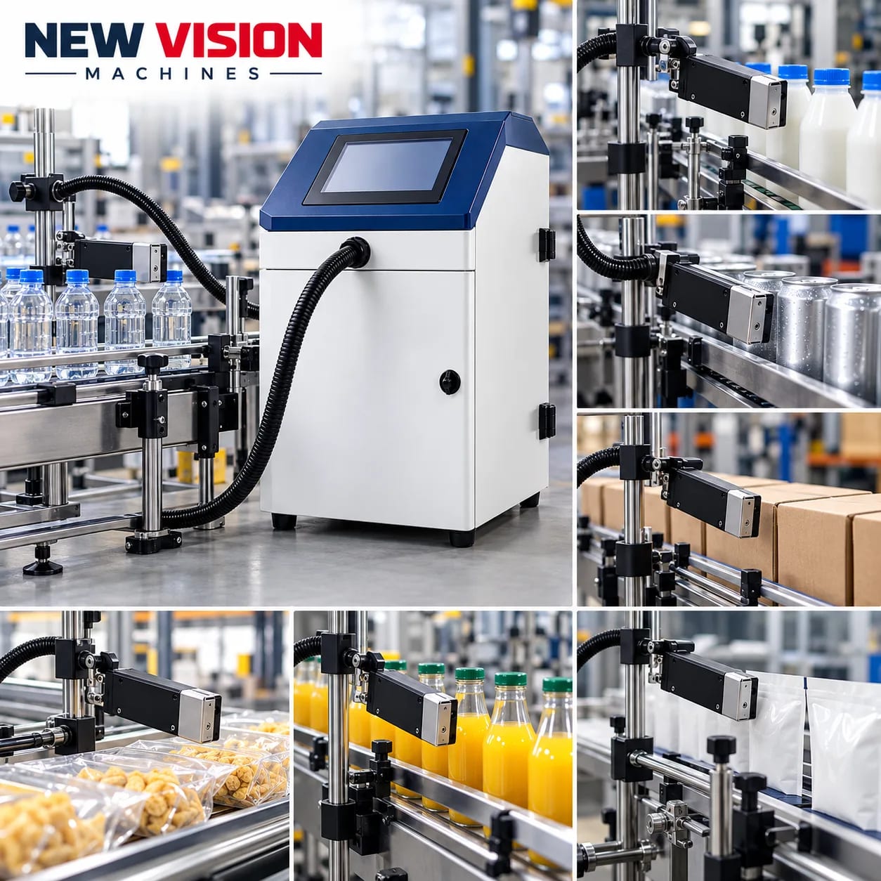 New Vision Machines Continues inkjet Printer Touch Screen Display — heavy-duty SS 304 food-grade construction & conveyor setup