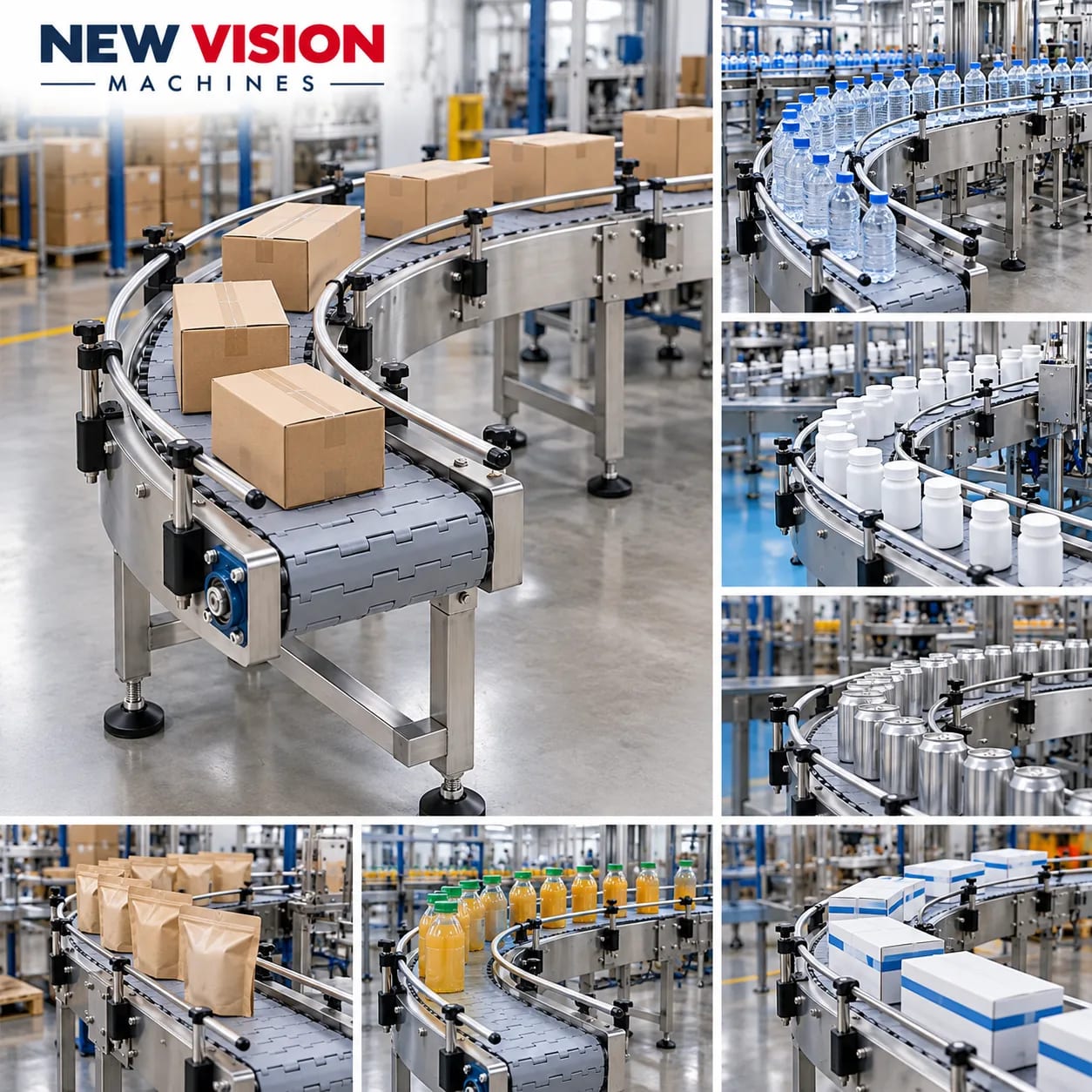 New Vision Machines Curve Slat Chain Conveyor — heavy-duty SS 304 food-grade construction & conveyor setup