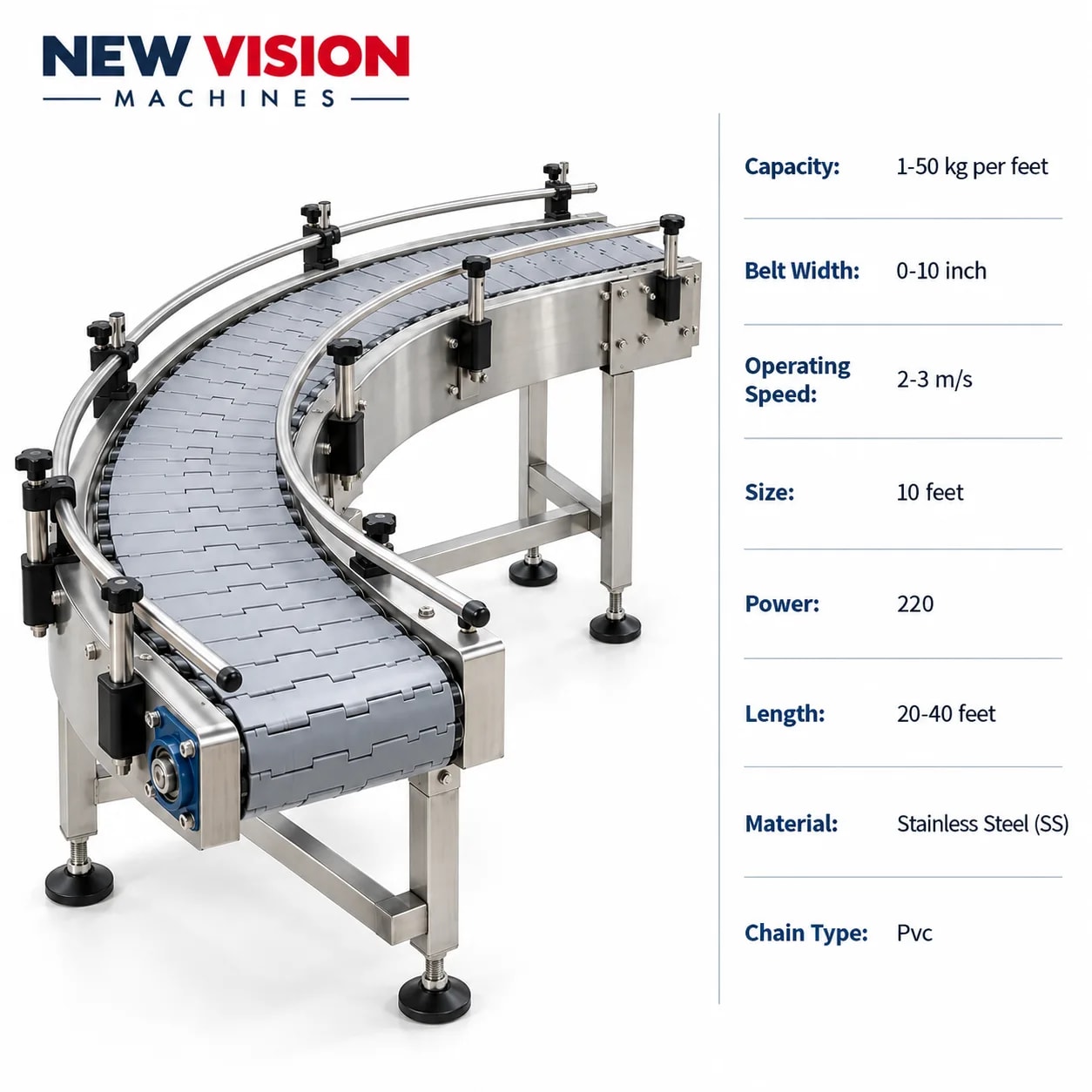 New Vision Machines Curve Slat Chain Conveyor — precision nozzles, filling heads & mechanical assembly