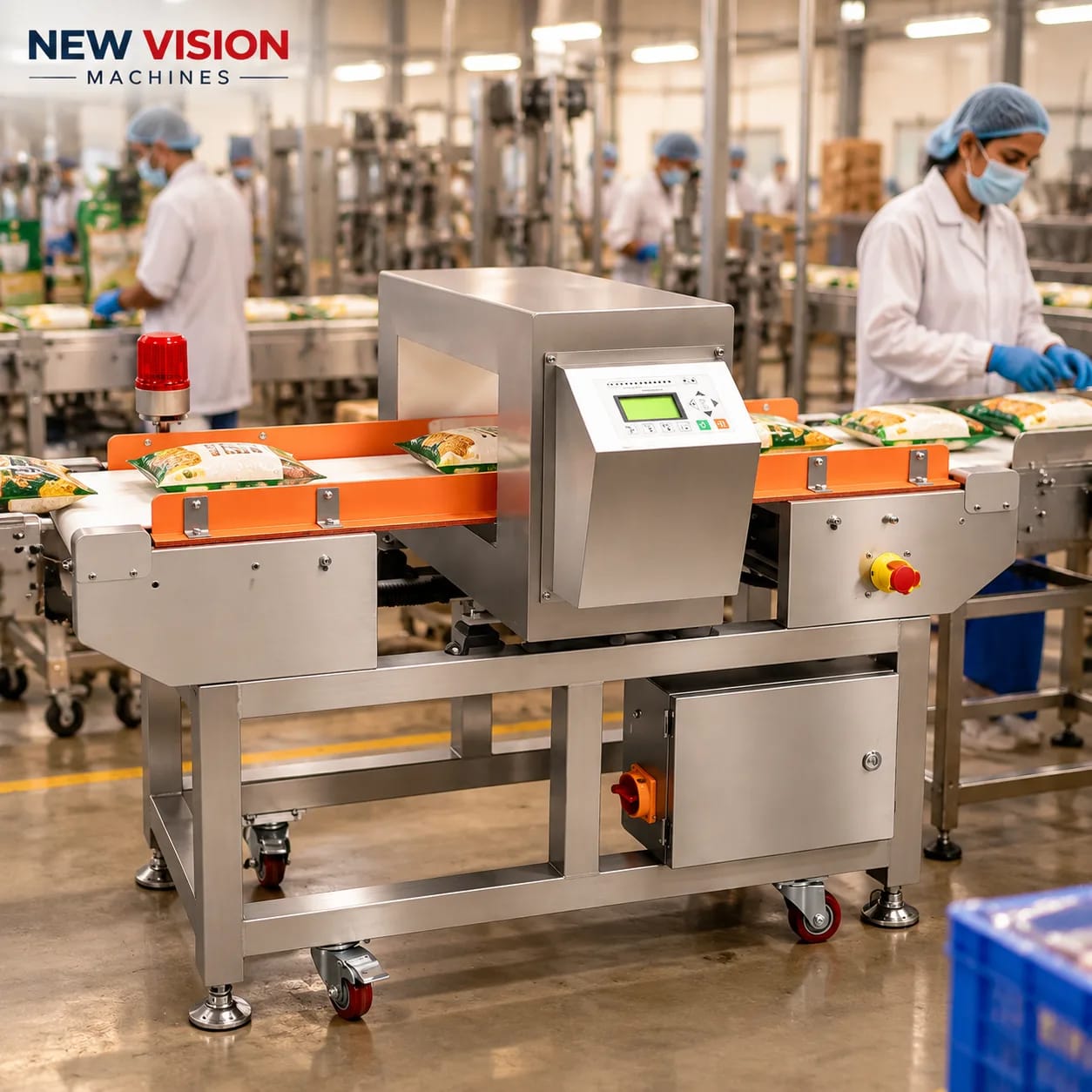 New Vision Machines Metal Detector Conveyor — Inline Detection for Food & Packaging Lines — heavy-duty SS 304 food-grade construction & conveyor setup