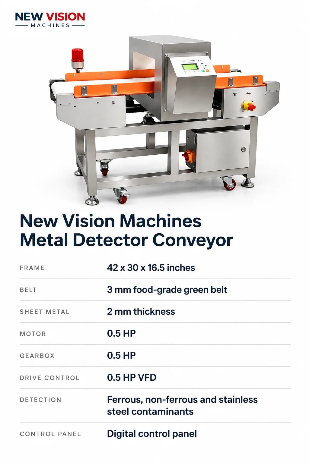 New Vision Machines Metal Detector Conveyor — Inline Detection for Food & Packaging Lines — precision nozzles, filling heads & mechanical assembly
