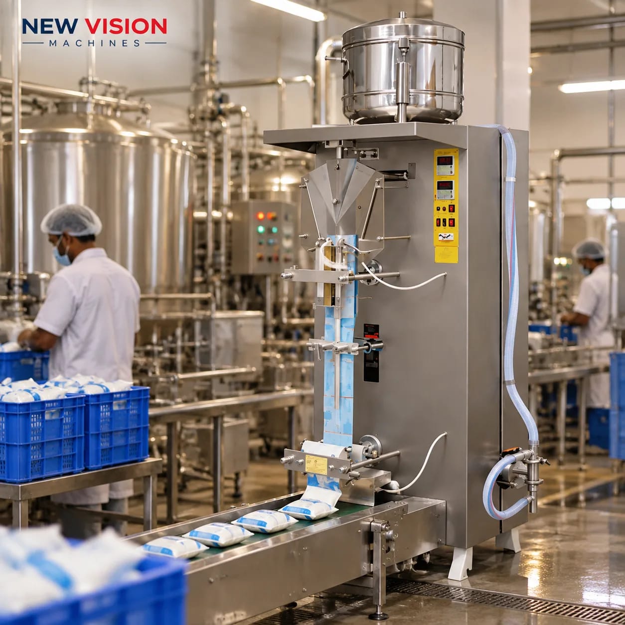 New Vision Machines Automatic Milk Pouch Packing Machine — Open Body VFFS, 200–1000 ml — heavy-duty SS 304 food-grade construction & conveyor setup