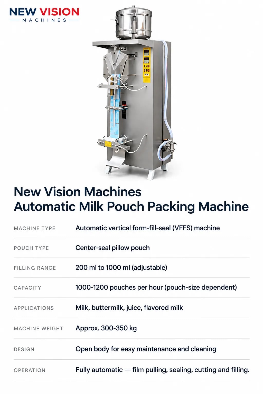 New Vision Machines Automatic Milk Pouch Packing Machine — Open Body VFFS, 200–1000 ml — precision nozzles, filling heads & mechanical assembly