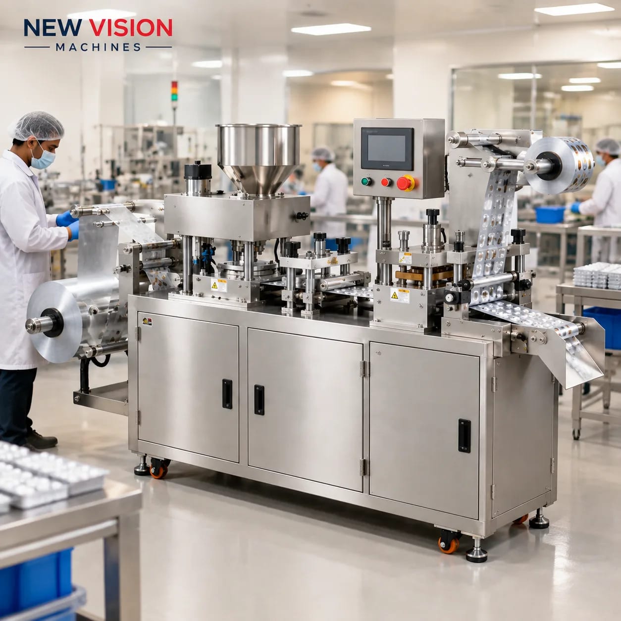 New Vision Machines Automatic Blister Packing Machine — Double-Track Pharma Tablet & Capsule Packer — heavy-duty SS 304 food-grade construction & conveyor setup