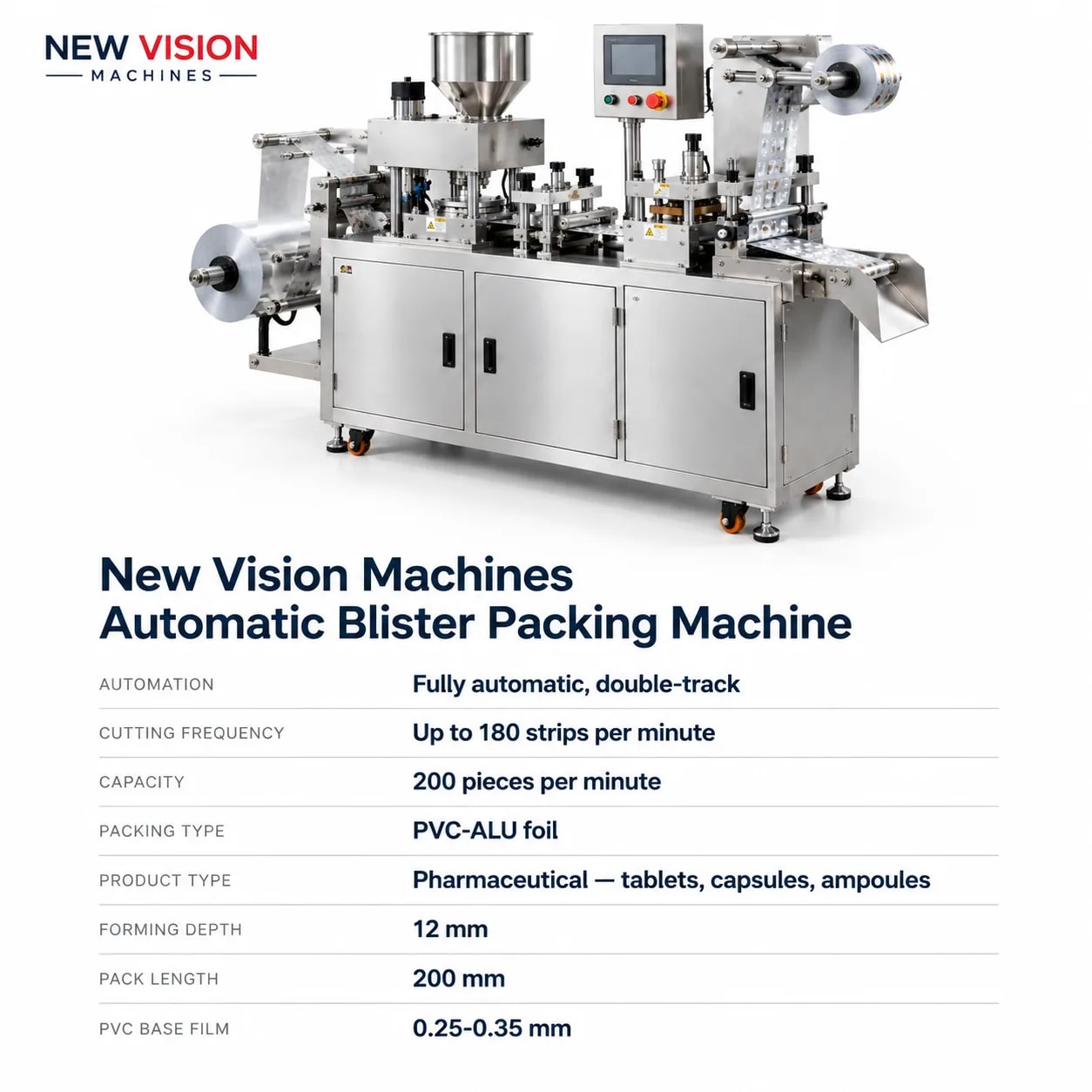 New Vision Machines Automatic Blister Packing Machine — Double-Track Pharma Tablet & Capsule Packer — precision nozzles, filling heads & mechanical assembly
