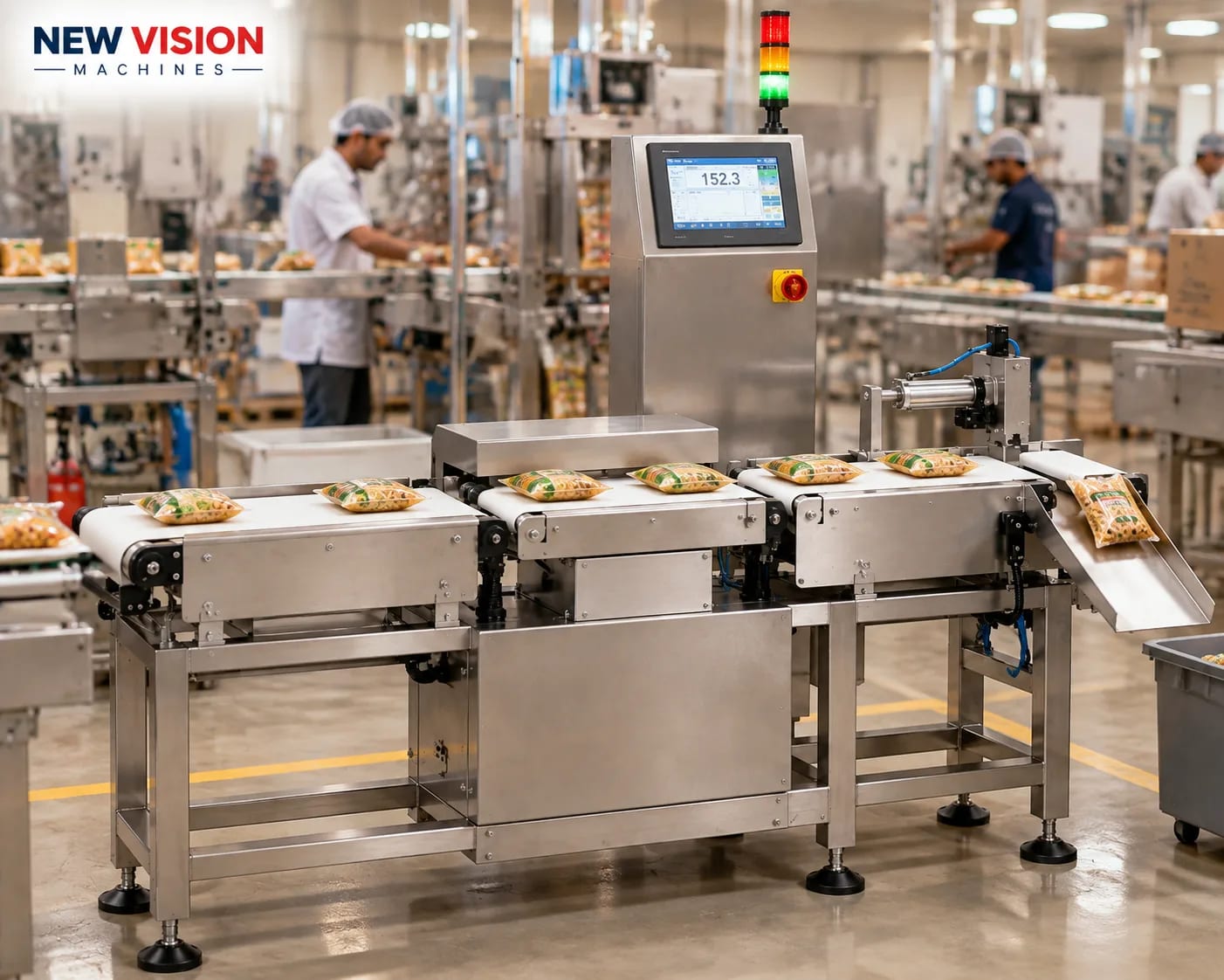 New Vision Machines Automatic Checkweigher Machine — Inline Weight Check with Auto Reject — heavy-duty SS 304 food-grade construction & conveyor setup
