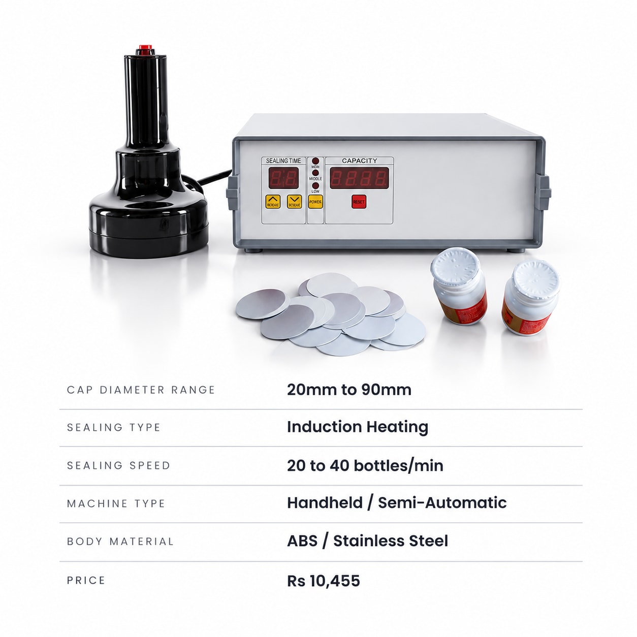New Vision Machines Induction Cap Sealing Machine 20-90mm — precision nozzles, filling heads & mechanical assembly