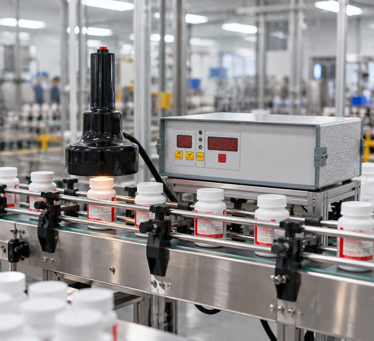 New Vision Machines Induction Cap Sealing Machine 20-90mm — heavy-duty SS 304 food-grade construction & conveyor setup