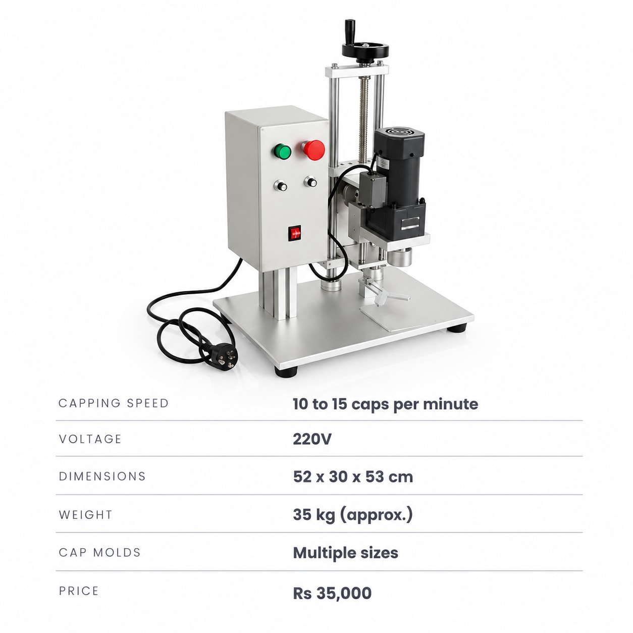 New Vision Machines Semi Automatic Cap Sealing Machine — Bottle Cap Sealer, 10-15 Caps/Min, 220V — precision nozzles, filling heads & mechanical assembly