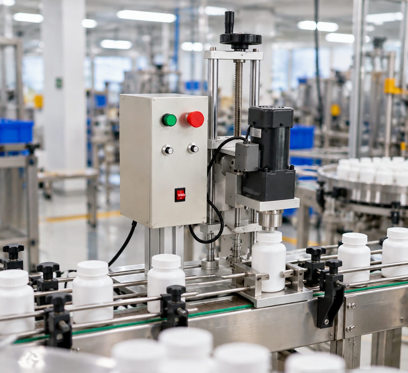 New Vision Machines Semi Automatic Cap Sealing Machine — Bottle Cap Sealer, 10-15 Caps/Min, 220V — heavy-duty SS 304 food-grade construction & conveyor setup