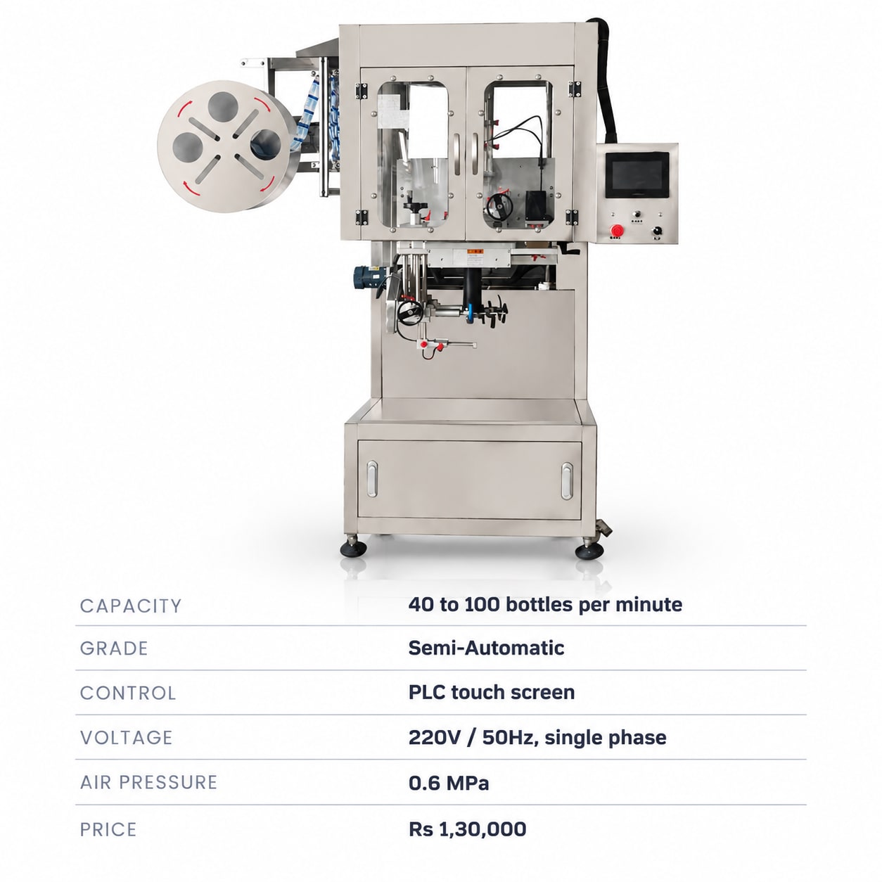 New Vision Machines Semi-Automatic Shrink Sleeve Labeling Machine — PLC Touch Screen Bottle Sleeve Applicator — precision nozzles, filling heads & mechanical assembly