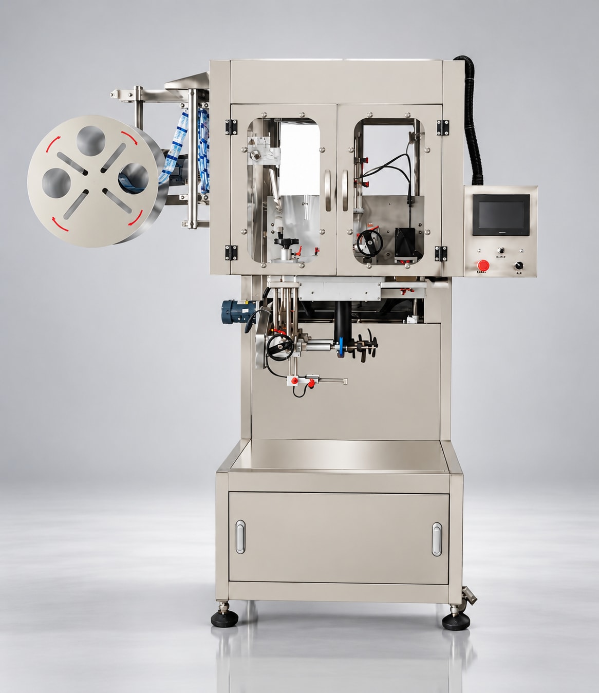 New Vision Machines Semi-Automatic Shrink Sleeve Labeling Machine — PLC Touch Screen Bottle Sleeve Applicator