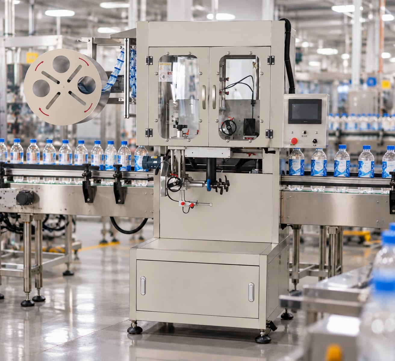 New Vision Machines Semi-Automatic Shrink Sleeve Labeling Machine — PLC Touch Screen Bottle Sleeve Applicator — heavy-duty SS 304 food-grade construction & conveyor setup