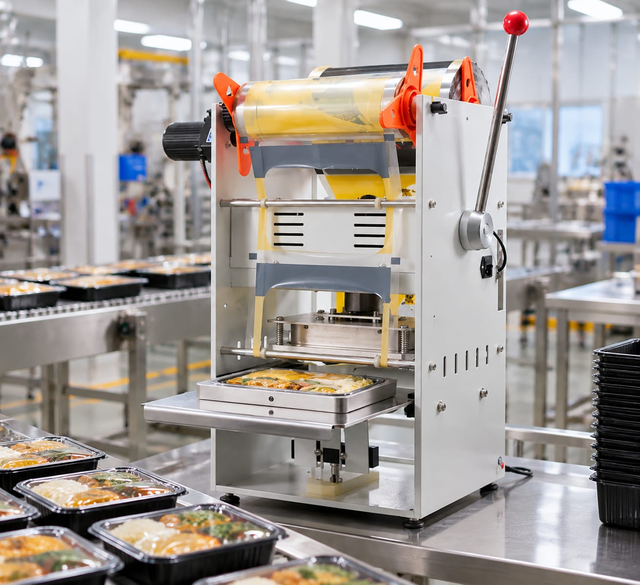 Semi-Automatic Food Tray Sealing Machine — Meal Tray Heat Sealer for Cloud Kitchens — heavy-duty SS 304 food-grade construction & conveyor setup