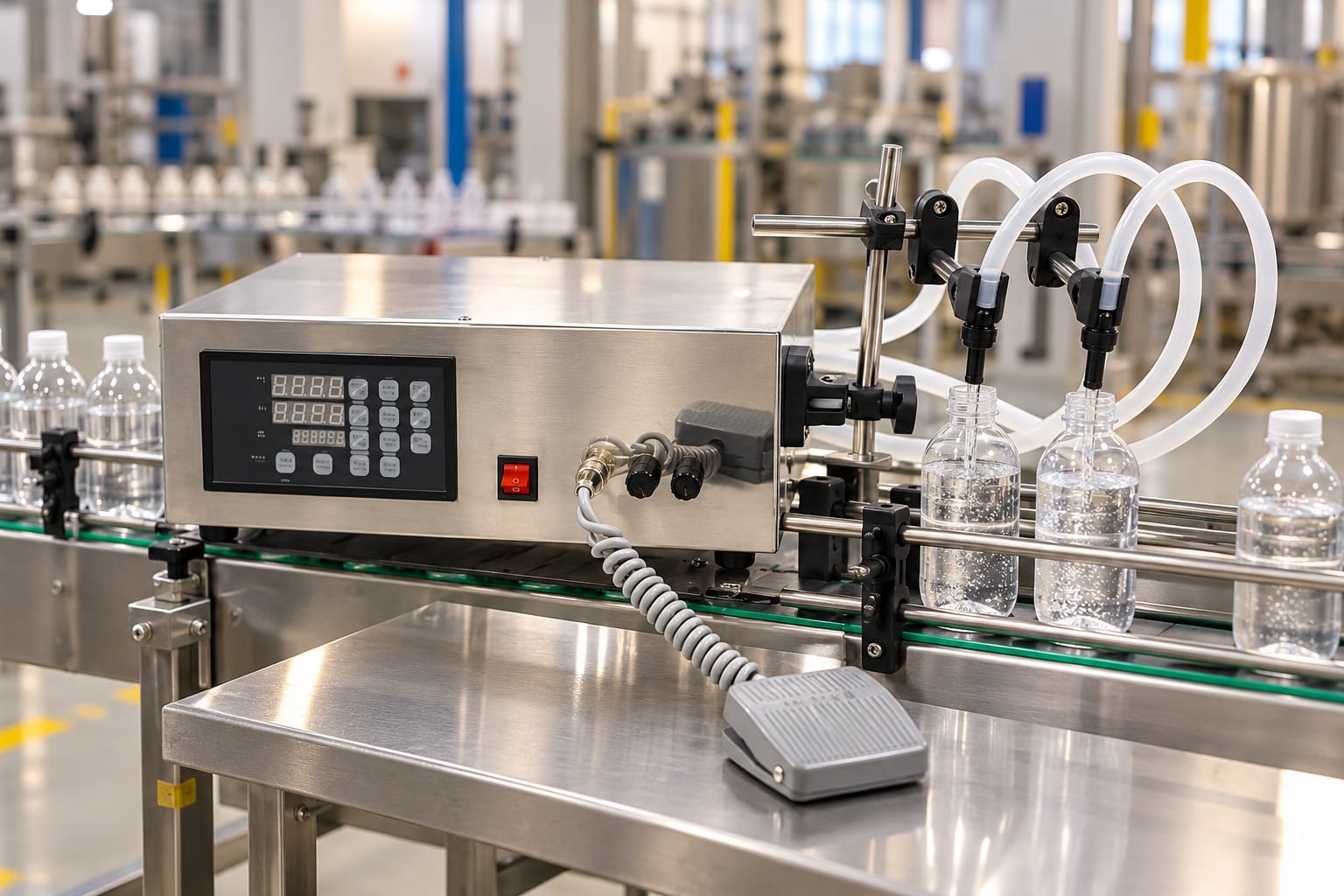 New Vision Machines Digital Liquid Filling Double Nozzle Machine — Tabletop Filler for Milk, Water & Juice — heavy-duty SS 304 food-grade construction & conveyor setup