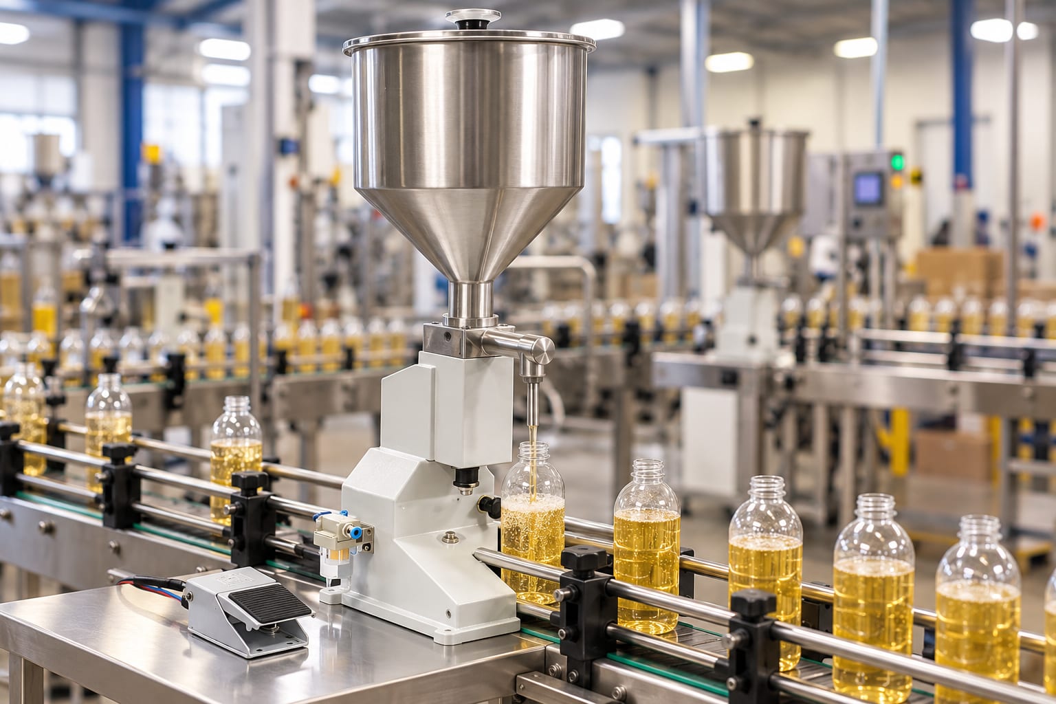 New Vision Machines Liquid Paste Filling Machine — Multi-Range Liquid and Paste Filler for Bottles, Jars and Pouches — heavy-duty SS 304 food-grade construction & conveyor setup