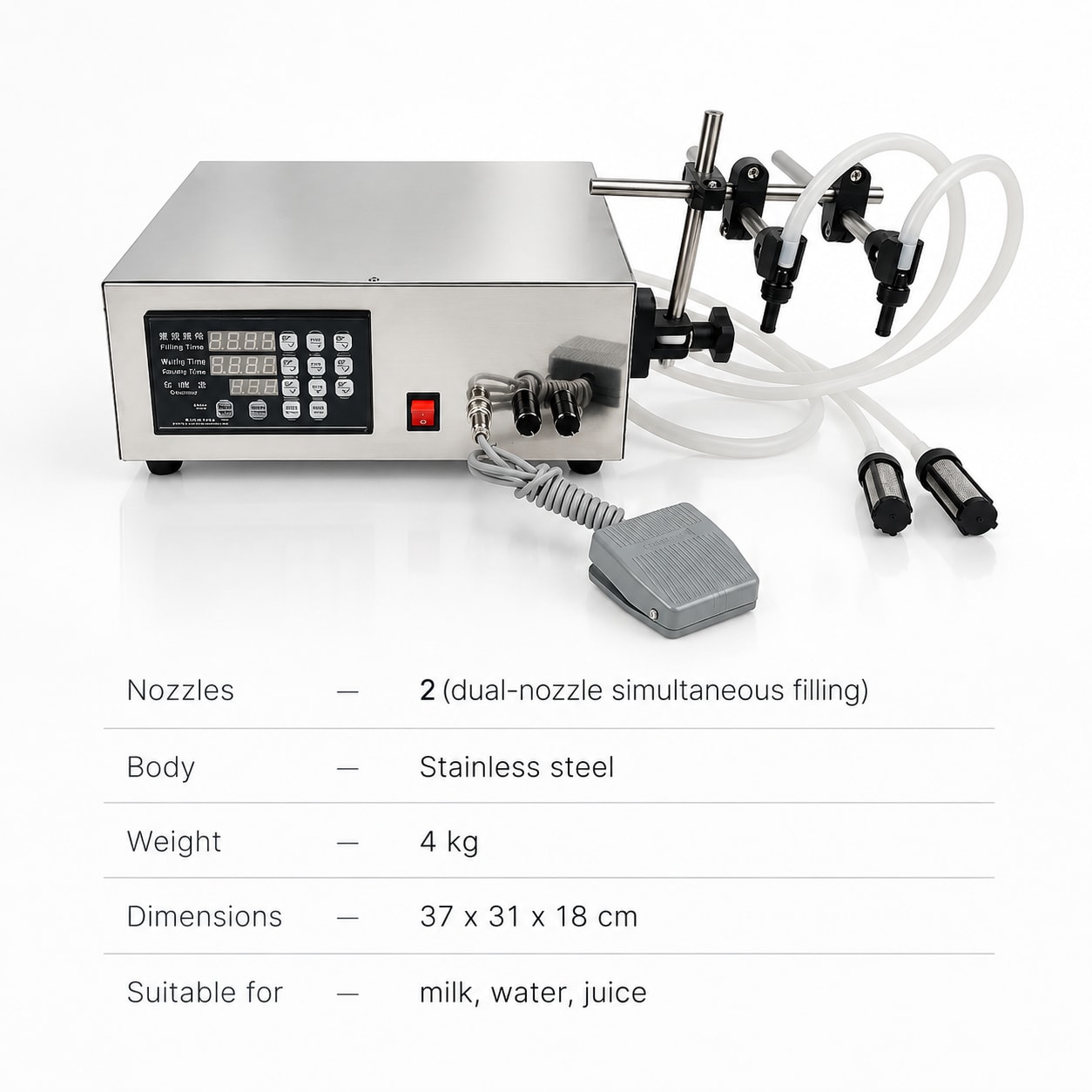 New Vision Machines Digital Liquid Filling Double Nozzle Machine — Tabletop Filler for Milk, Water & Juice — precision nozzles, filling heads & mechanical assembly
