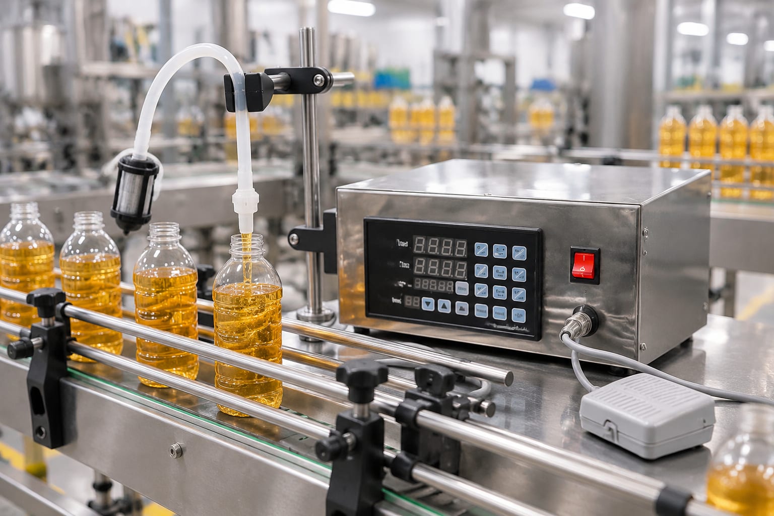Digital Liquid Filling Machine with Single Nozzle — Tabletop Entry Filler for Milk, Water and Juice — heavy-duty SS 304 food-grade construction & conveyor setup