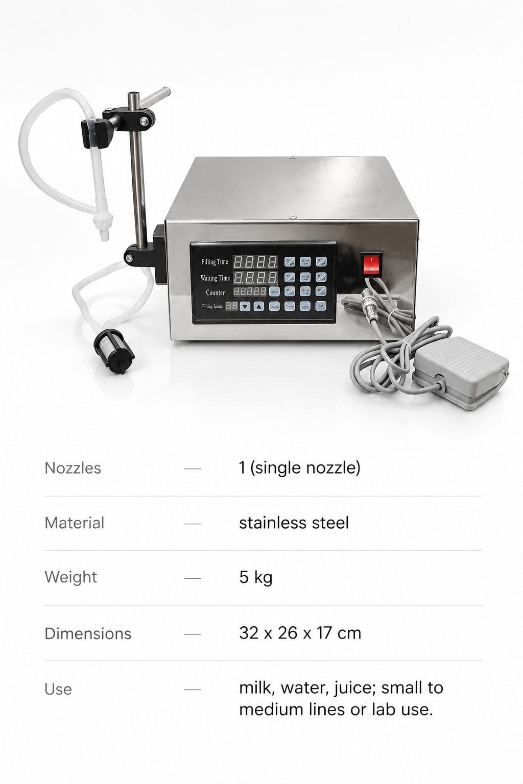Digital Liquid Filling Machine with Single Nozzle — Tabletop Entry Filler for Milk, Water and Juice — precision nozzles, filling heads & mechanical assembly