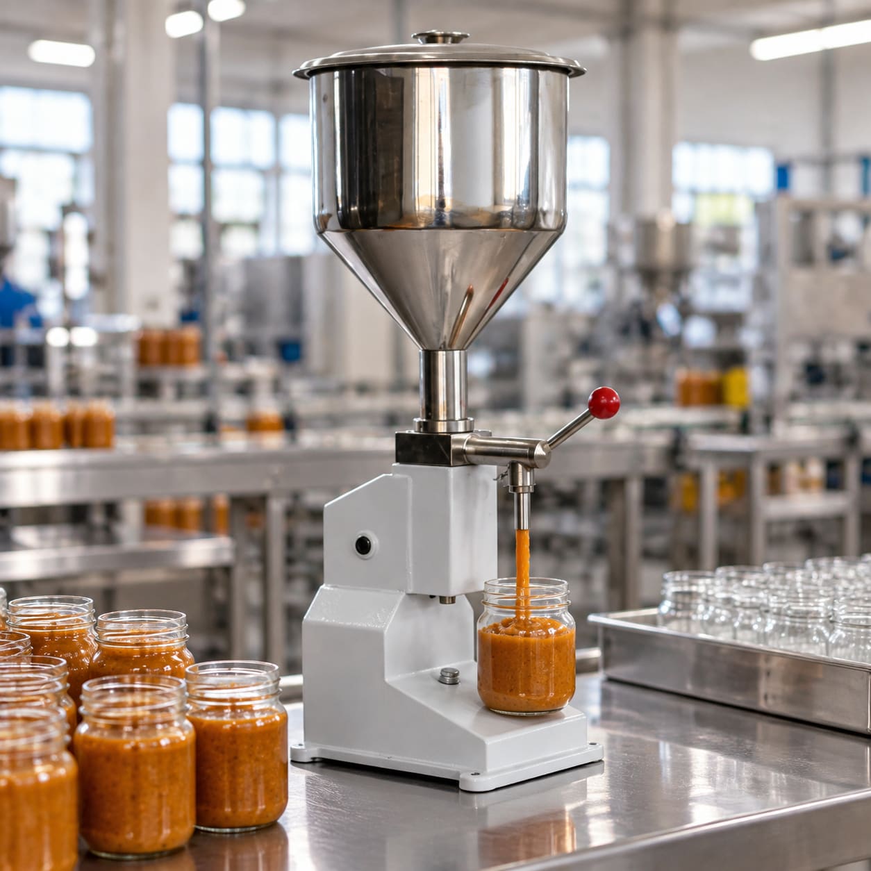 New Vision Machines Manual Paste Filling Machine — 5–50 ml Hand-Operated Piston Filler — heavy-duty SS 304 food-grade construction & conveyor setup