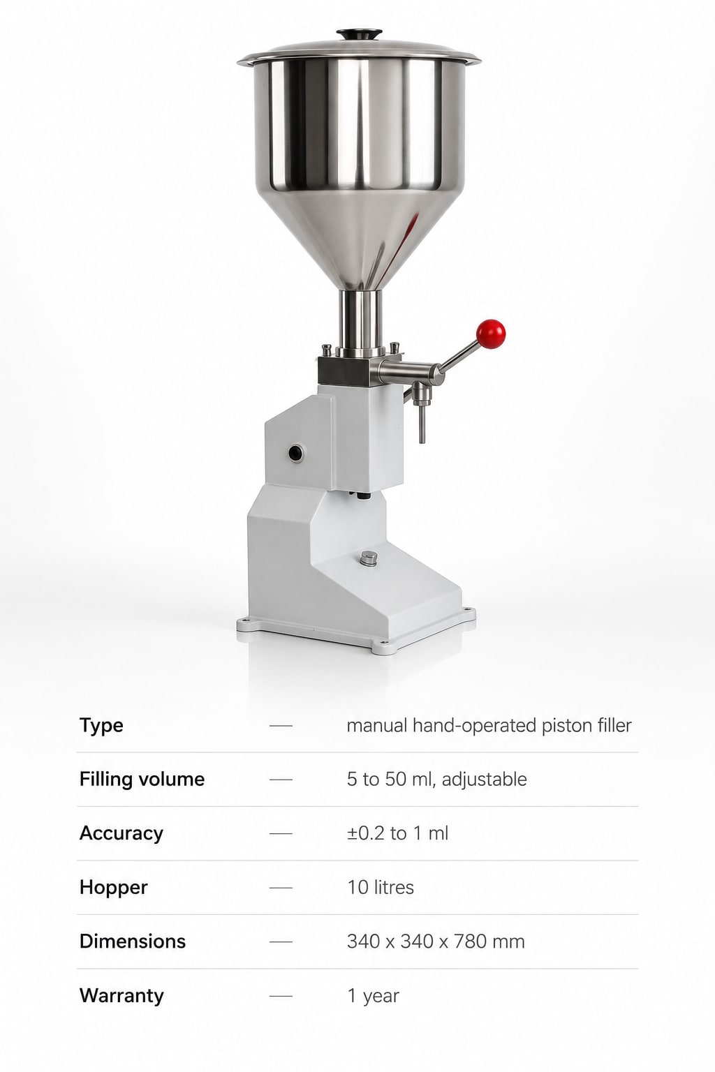 New Vision Machines Manual Paste Filling Machine — 5–50 ml Hand-Operated Piston Filler — precision nozzles, filling heads & mechanical assembly