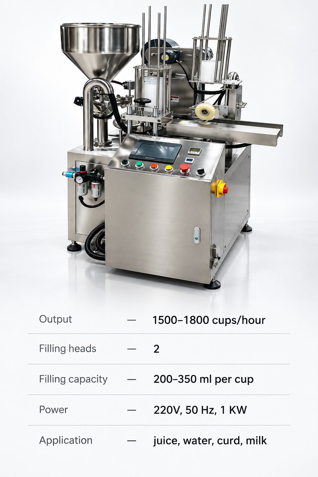 New Vision Machines Automatic Cup Filling and Sealing Machine — 2-Head, 1500-1800 Cups/Hour — precision nozzles, filling heads & mechanical assembly