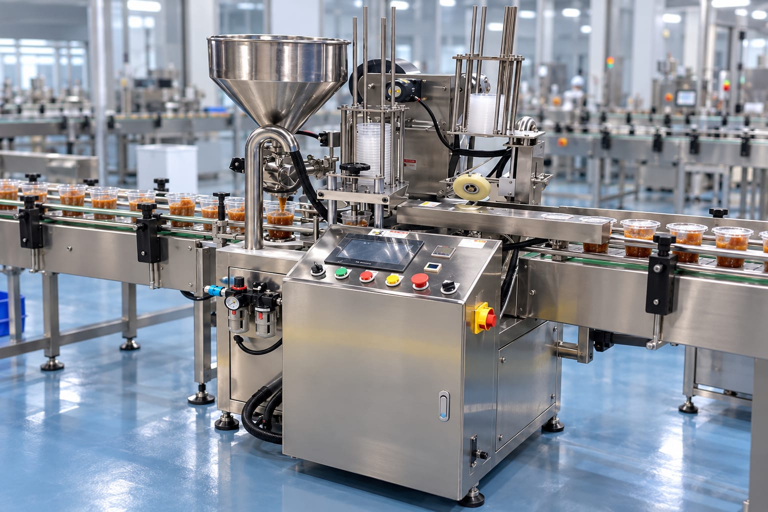 New Vision Machines Automatic Cup Filling and Sealing Machine — 2-Head, 1500-1800 Cups/Hour — heavy-duty SS 304 food-grade construction & conveyor setup