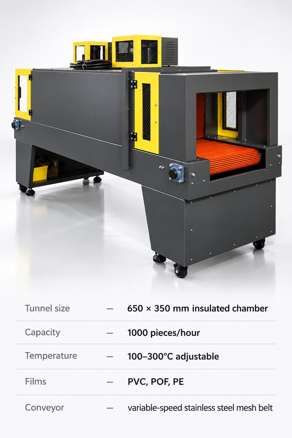 New Vision Machines Heat Shrink Tunnel Machine — 650 × 350 mm Tunnel, 100–300°C for PVC, POF & PE Film — precision nozzles, filling heads & mechanical assembly