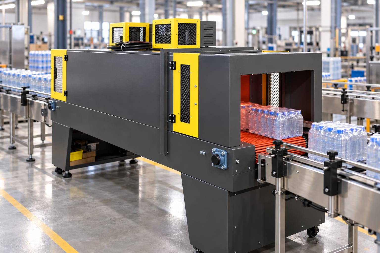 New Vision Machines Heat Shrink Tunnel Machine — 650 × 350 mm Tunnel, 100–300°C for PVC, POF & PE Film — heavy-duty SS 304 food-grade construction & conveyor setup