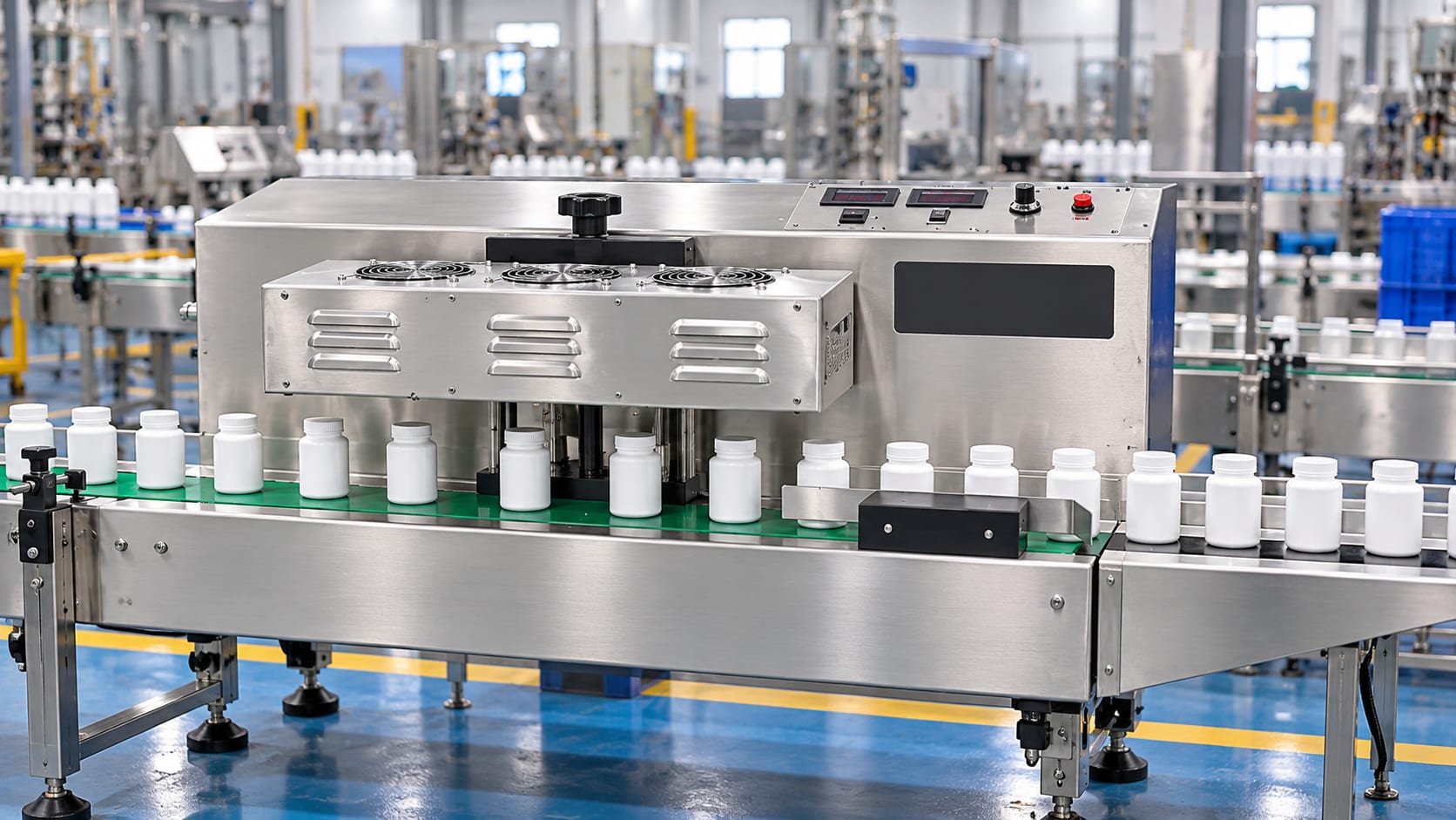 New Vision Machines Online Induction Cap Sealing Machine — 20–130mm Heavy Duty Foil Sealer — heavy-duty SS 304 food-grade construction & conveyor setup