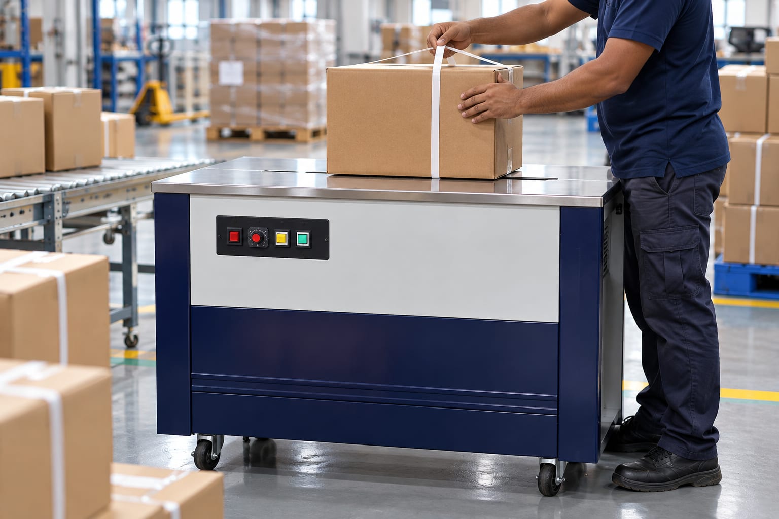 New Vision Machines Semi Automatic Strapping Machine — PP Strap Carton and Parcel Strapping — heavy-duty SS 304 food-grade construction & conveyor setup