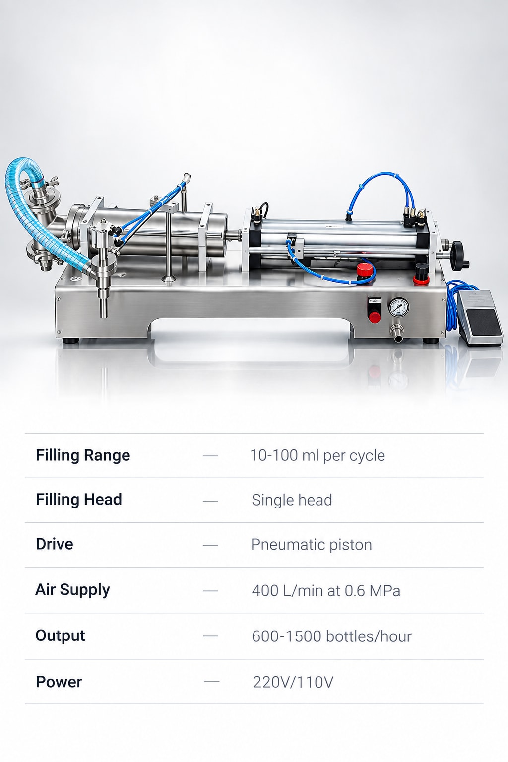 New Vision Machines Single-Head Pneumatic Liquid Filling Machine, 10–100ml — precision nozzles, filling heads & mechanical assembly