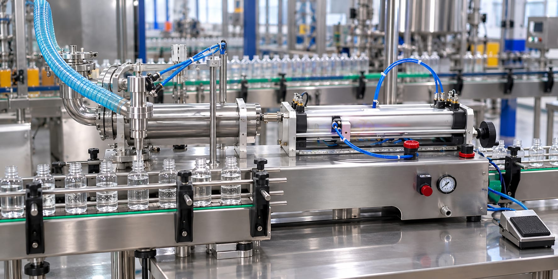 New Vision Machines Single-Head Pneumatic Liquid Filling Machine, 10–100ml — heavy-duty SS 304 food-grade construction & conveyor setup