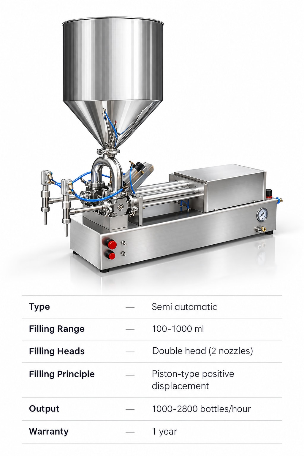New Vision Machines Double Head Semi Automatic Paste Filling Machine 100-1000ml — precision nozzles, filling heads & mechanical assembly