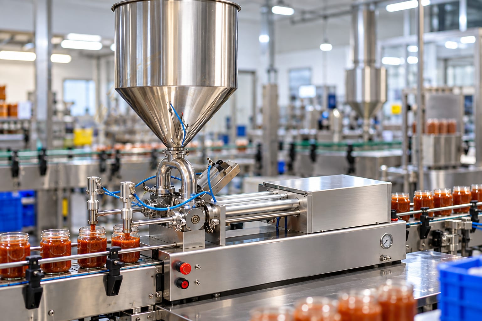 New Vision Machines Double Head Semi Automatic Paste Filling Machine 100-1000ml — heavy-duty SS 304 food-grade construction & conveyor setup