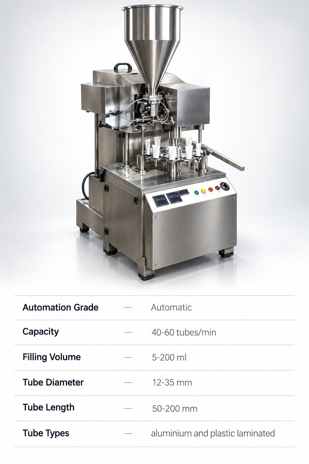 New Vision Machines Automatic Tube Filling and Sealing Machine — 40–60 Tubes/Min Pharma and Cosmetic Tube Filler-Sealer — precision nozzles, filling heads & mechanical assembly