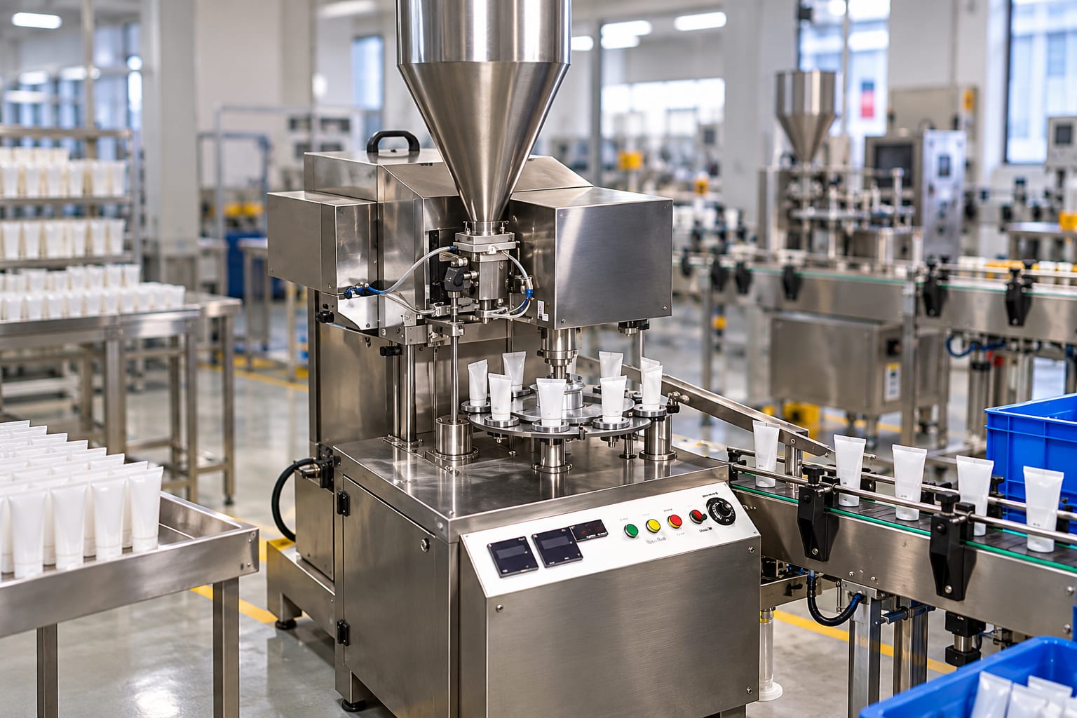 New Vision Machines Automatic Tube Filling and Sealing Machine — 40–60 Tubes/Min Pharma and Cosmetic Tube Filler-Sealer — heavy-duty SS 304 food-grade construction & conveyor setup