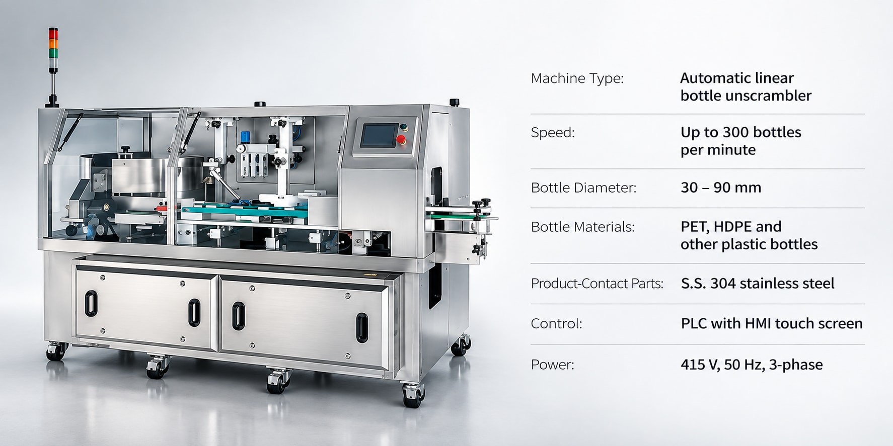 New Vision Machines Automatic Bottle Unscrambler Machine — Linear Feed, 300 Bottles/Min for PET and HDPE Bottles — precision nozzles, filling heads & mechanical assembly