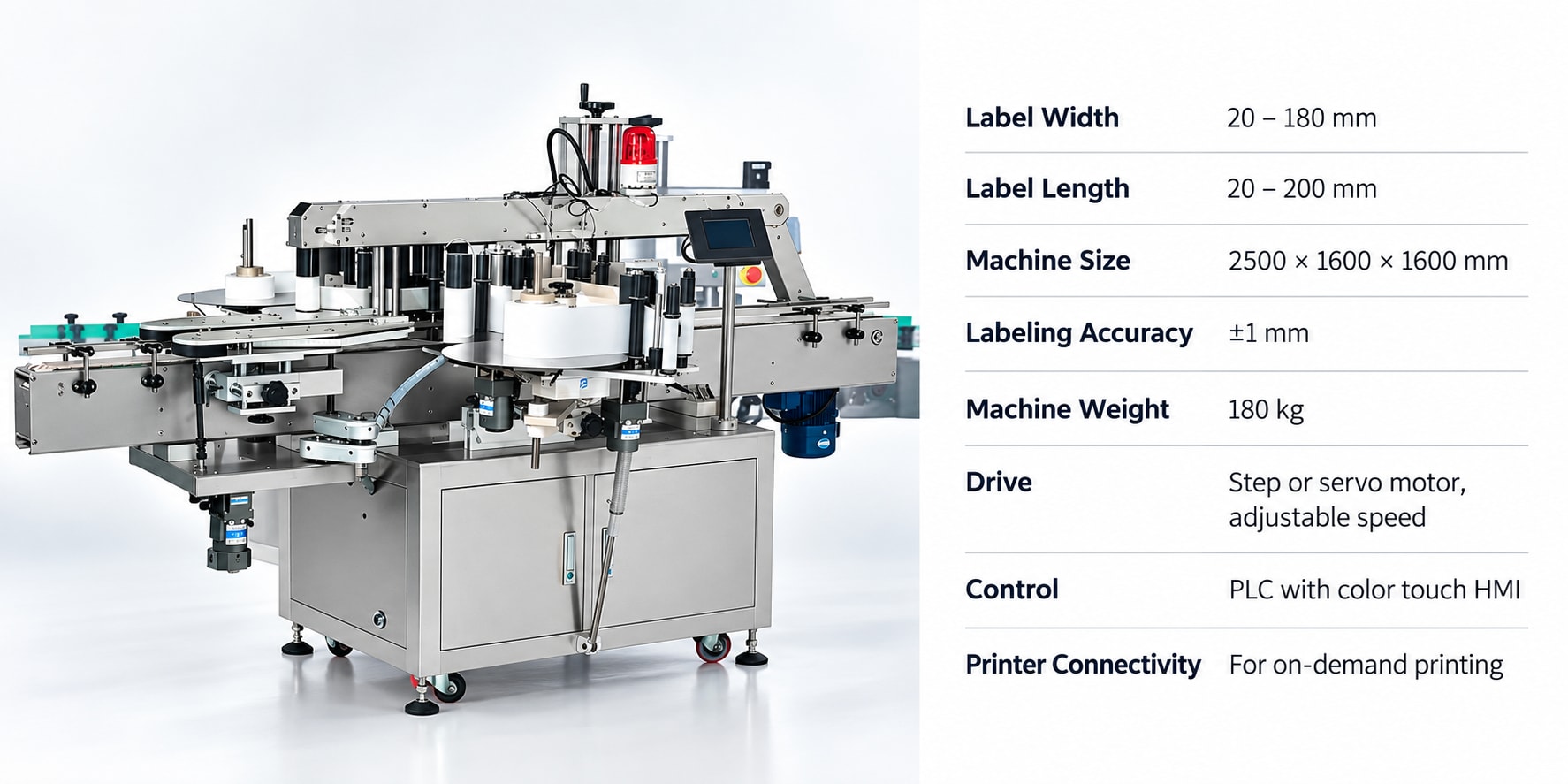 New Vision Machines Fully Automatic Round Bottle Labeling Machine — Double-Sided Automatic Positioning — precision nozzles, filling heads & mechanical assembly