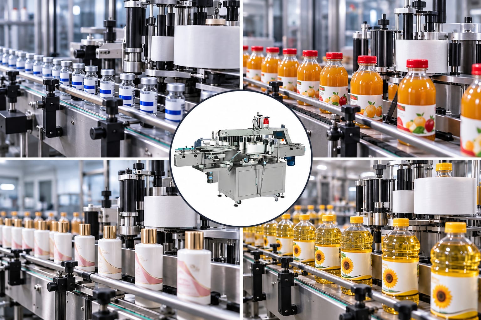 New Vision Machines Fully Automatic Round Bottle Labeling Machine — Double-Sided Automatic Positioning — heavy-duty SS 304 food-grade construction & conveyor setup