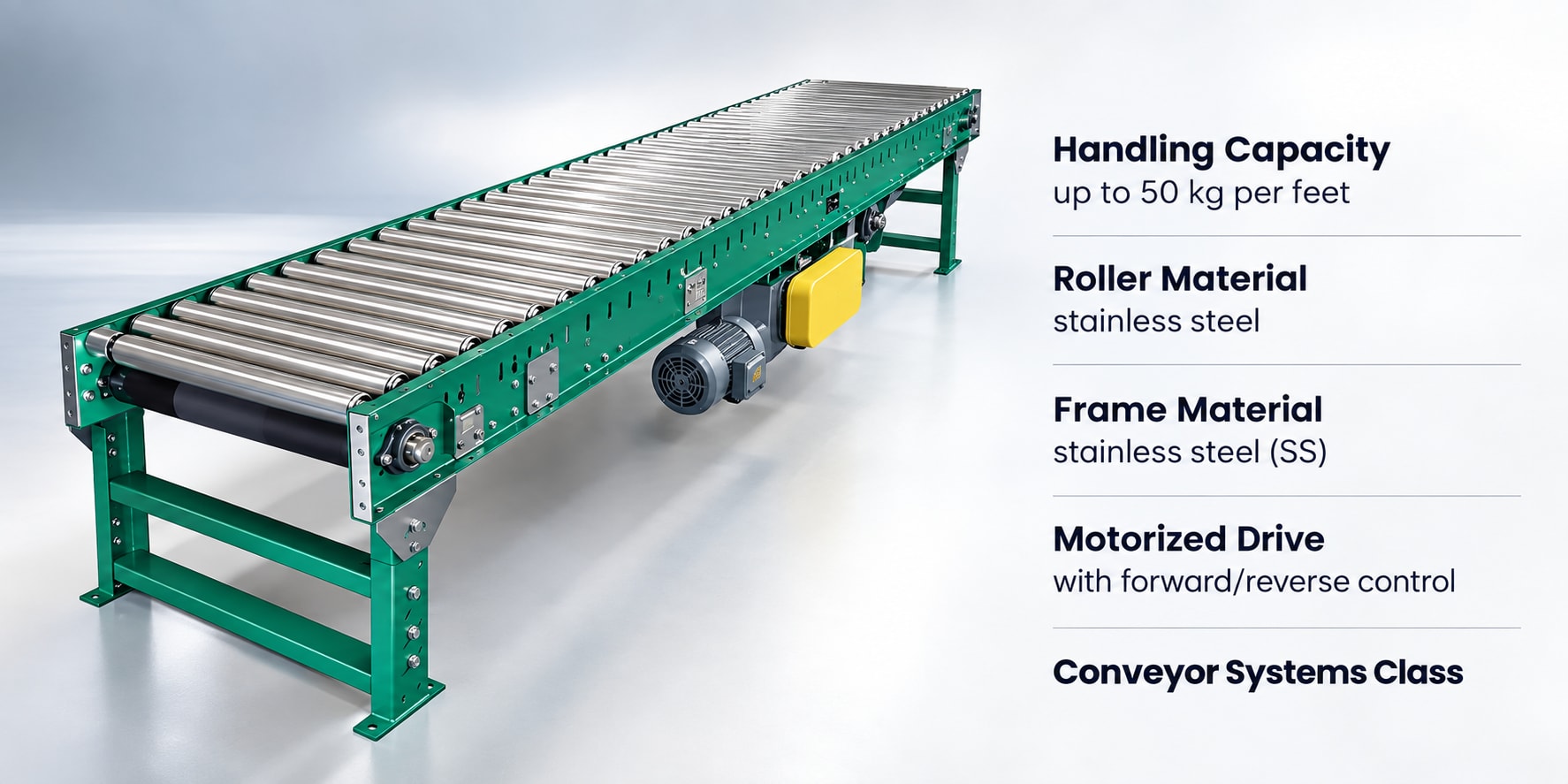 New Vision Machines Motorized Roller Conveyor — 50 kg/feet Stainless Steel Line Transport — precision nozzles, filling heads & mechanical assembly