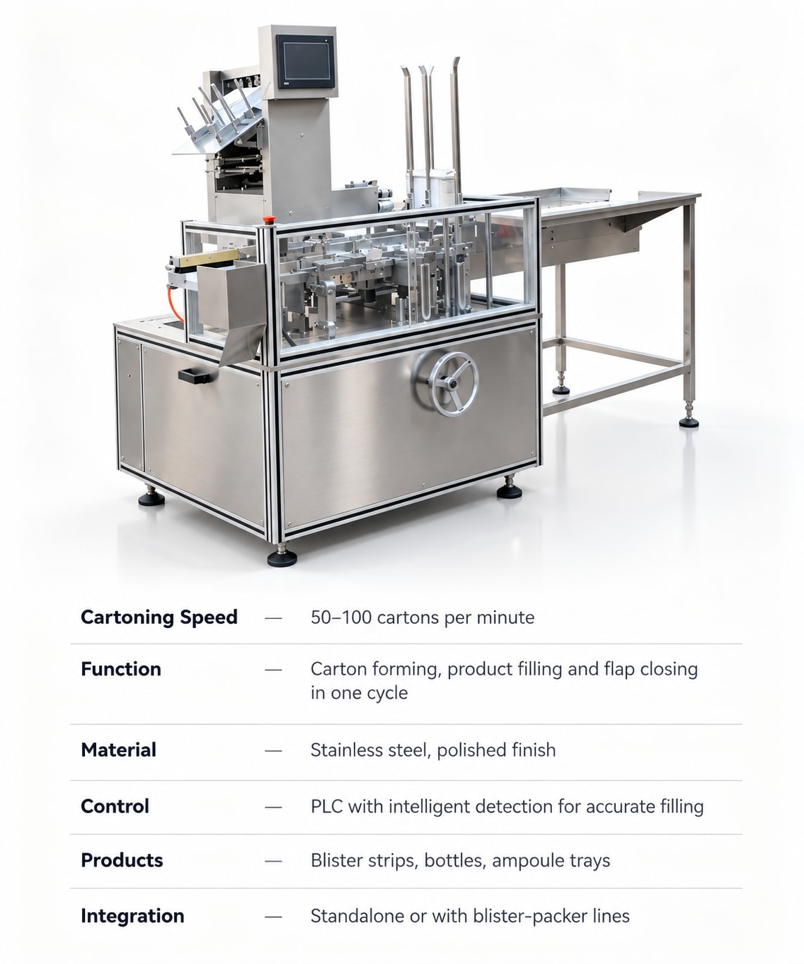 New Vision Machines Automatic Cartoning Machine — Carton Forming, Filling & Closing for Pharma Lines — precision nozzles, filling heads & mechanical assembly